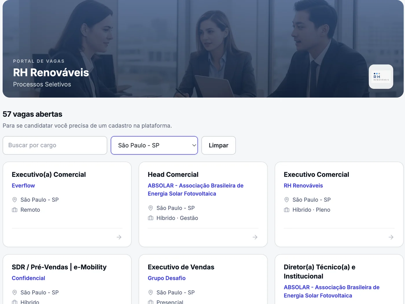 Portal de vagas de uma empresa no RH Tracker